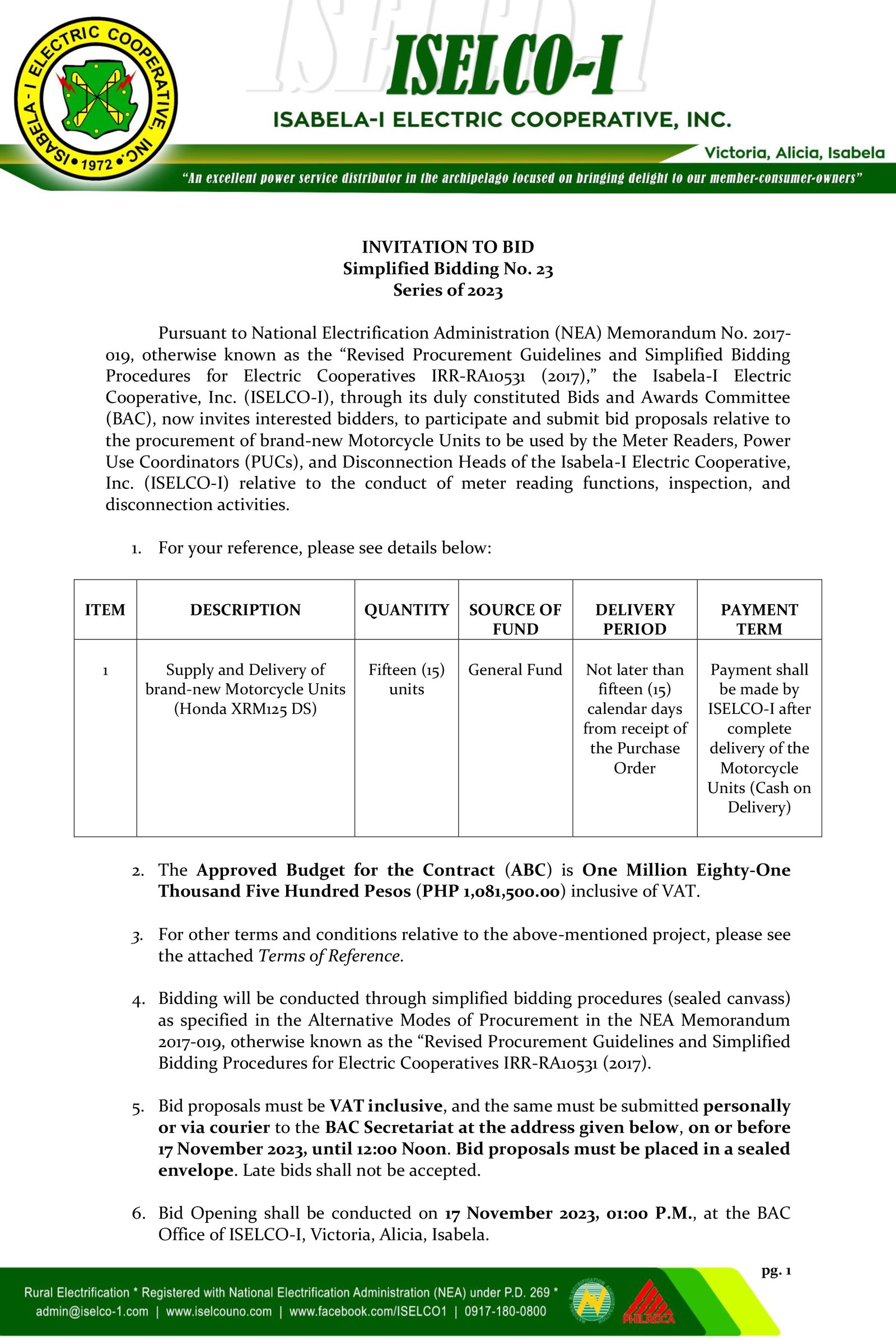 Simplified Bidding No. 23 Series of 2023 - Brand-New Motorcycle Units to be used by the Meter Readers, Power Use Coordinators (PUCs), and Disconnection Heads